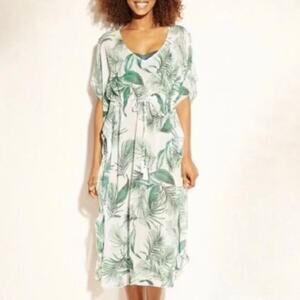 Kona Sol  Brand White Green Palm Midi Length Kaftan Cover Up Women's Medium